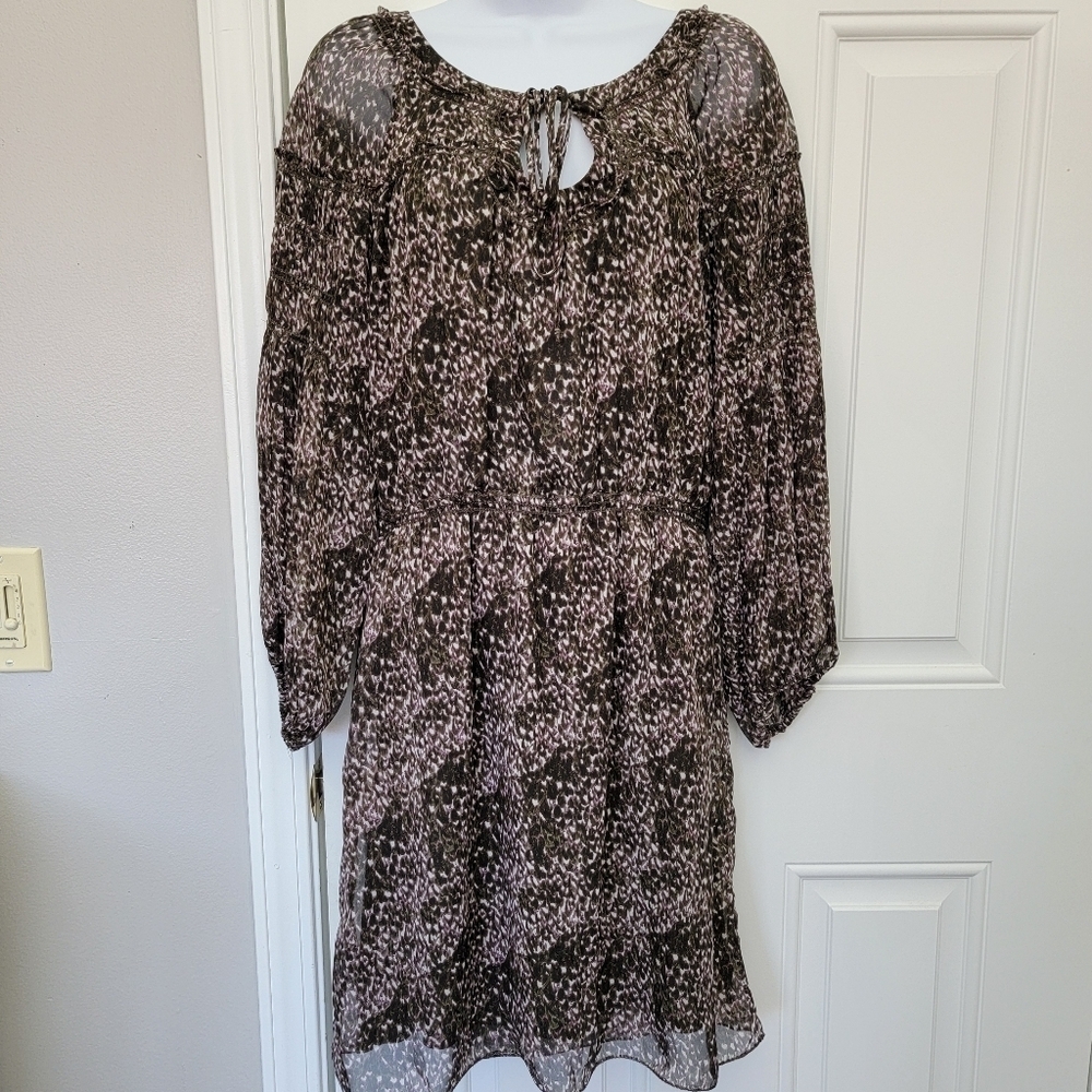 Max Studio Brown Purple Sheer Lined Chiffon Dress Balloon Sleeve Size Medium